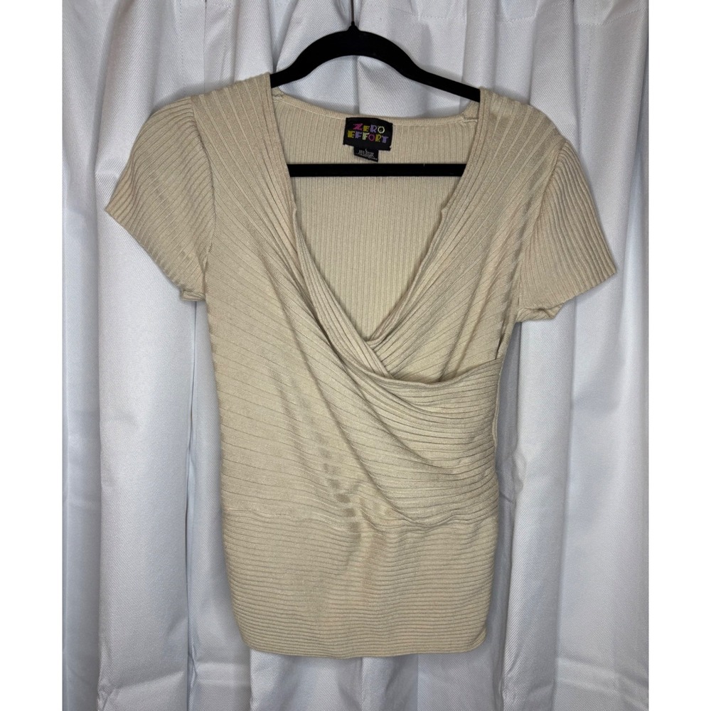Vtg Y2K Zero Effort Beige Ribbed Crossover Faux Wrap Top Minimalist Chic Luxury